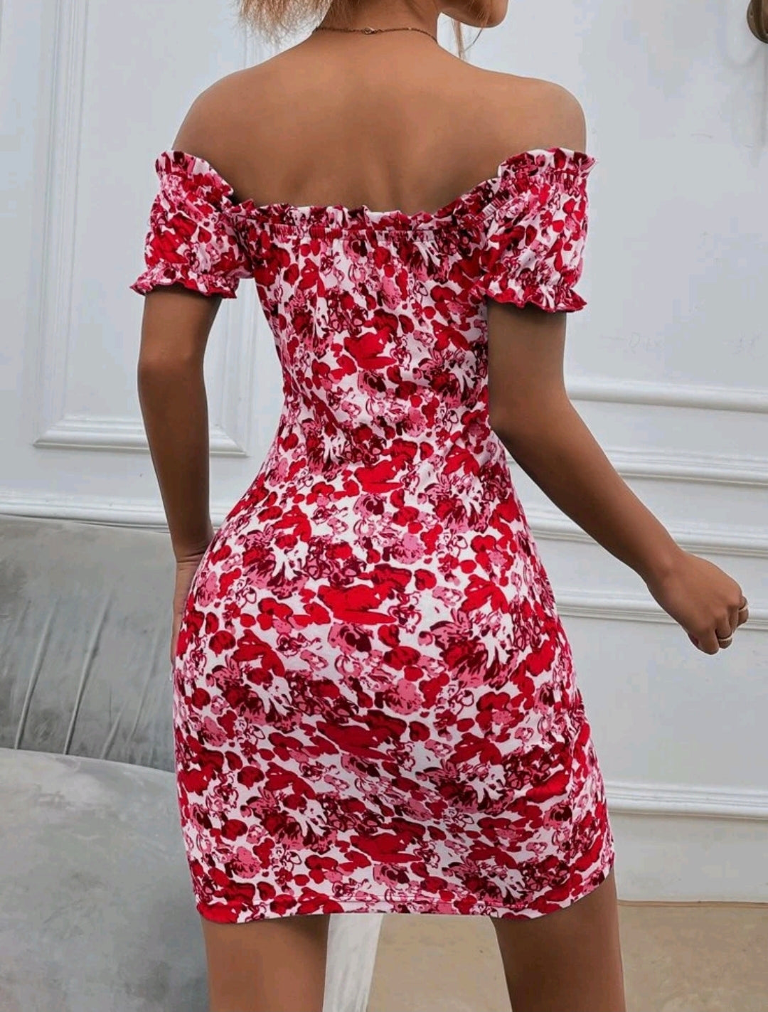 Red Floral Print Off Shoulder Bodycon Dress