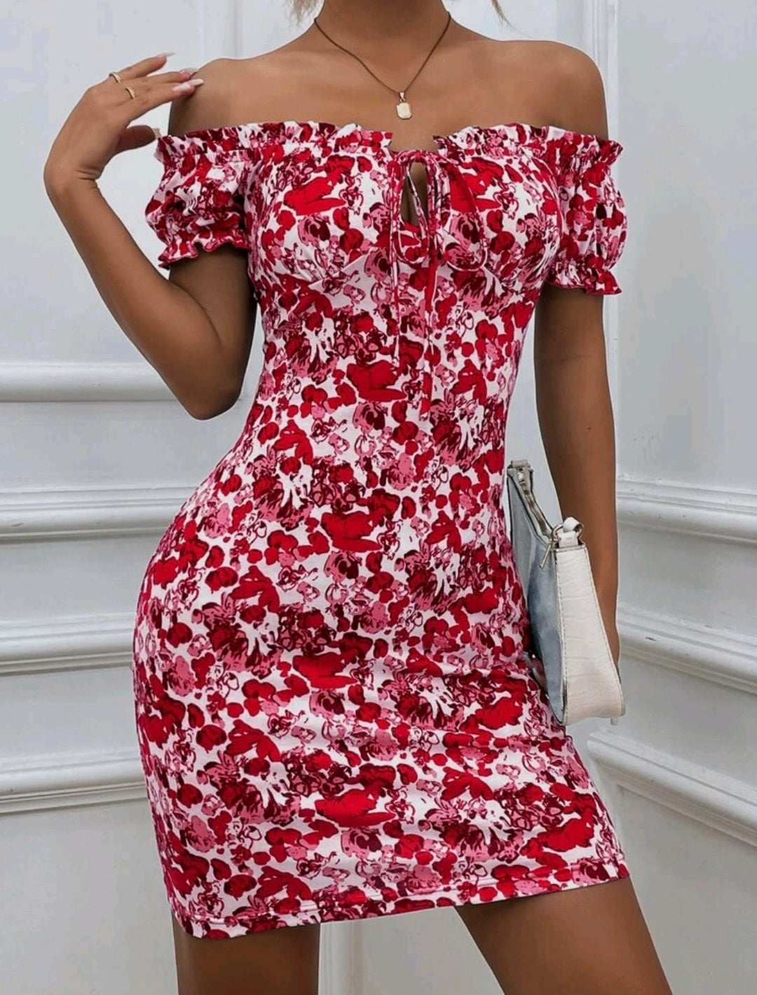 Red Floral Print Off Shoulder Bodycon Dress