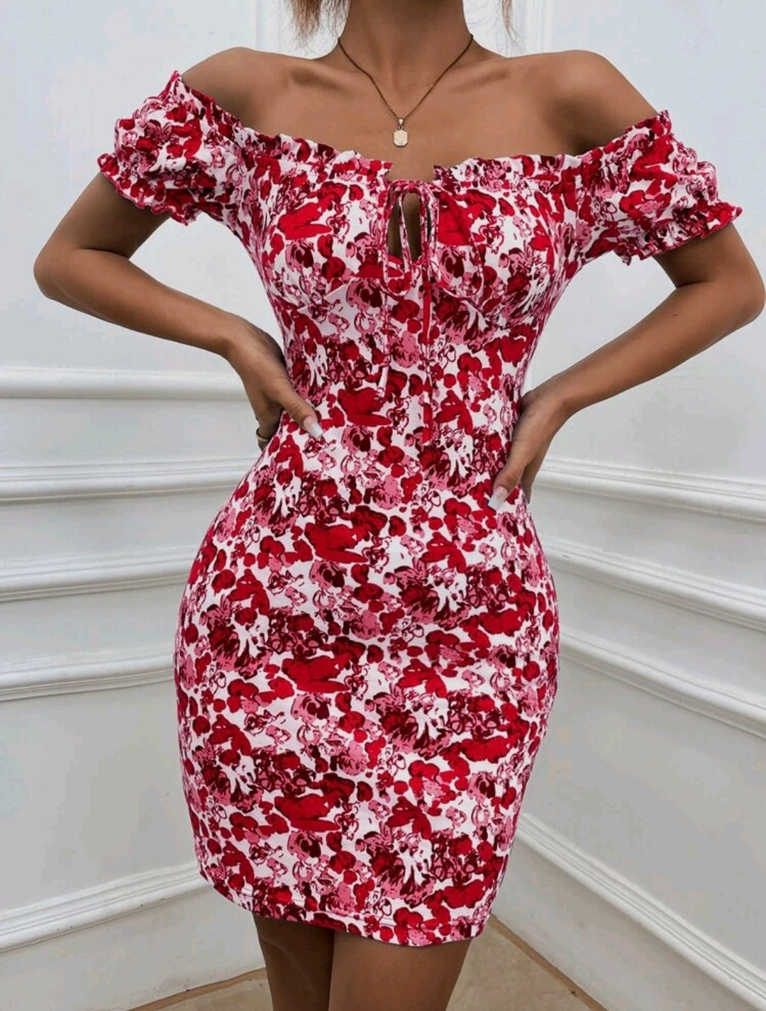 Red Floral Print Off Shoulder Bodycon Dress