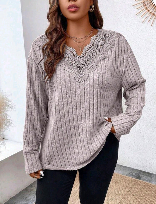 Pink Plus Size Lace Patchwork Drop Shoulder Top