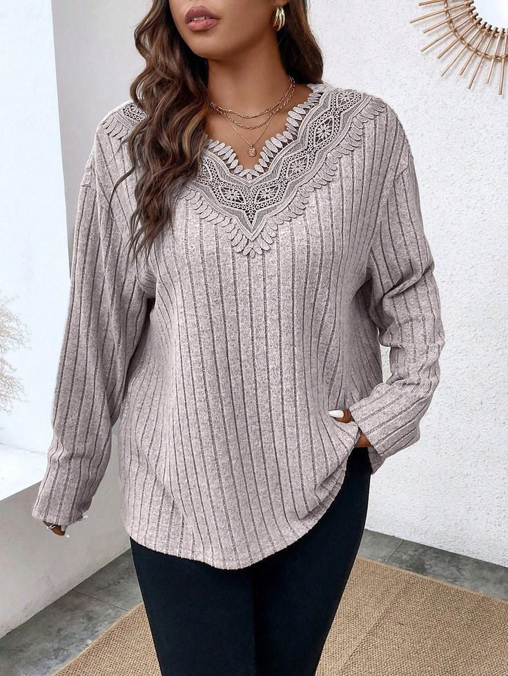 Pink Plus Size Lace Patchwork Drop Shoulder Top