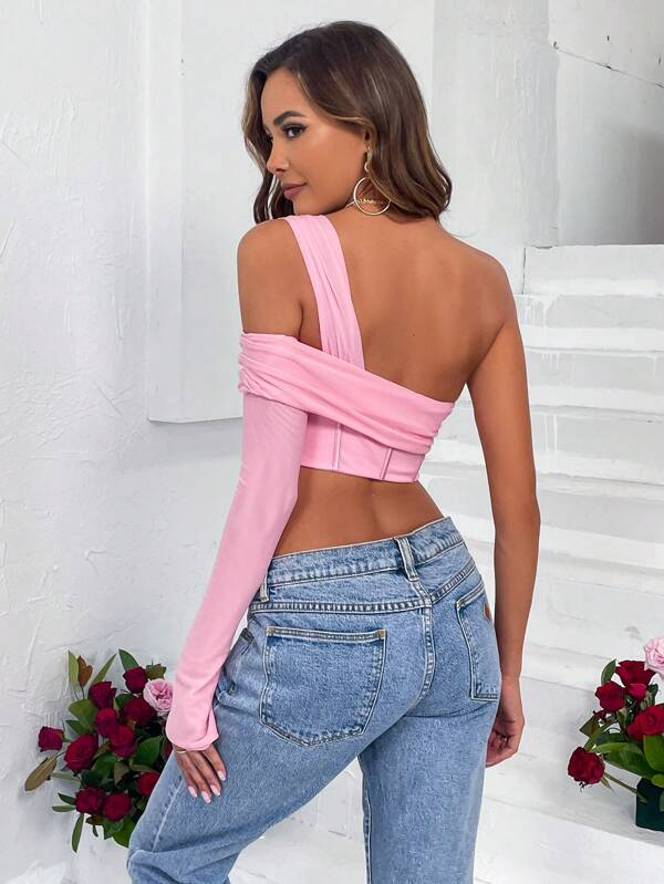 NEW* Baby Pink One Shoulder Asymmetric Hem Crop Top