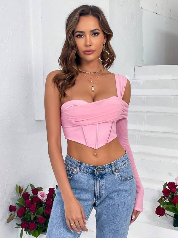 NEW* Baby Pink One Shoulder Asymmetric Hem Crop Top