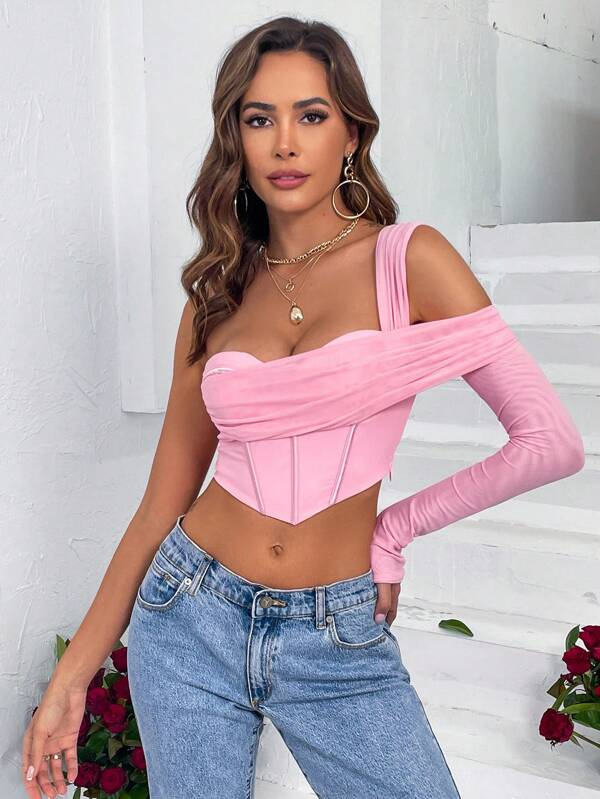 NEW* Baby Pink One Shoulder Asymmetric Hem Crop Top