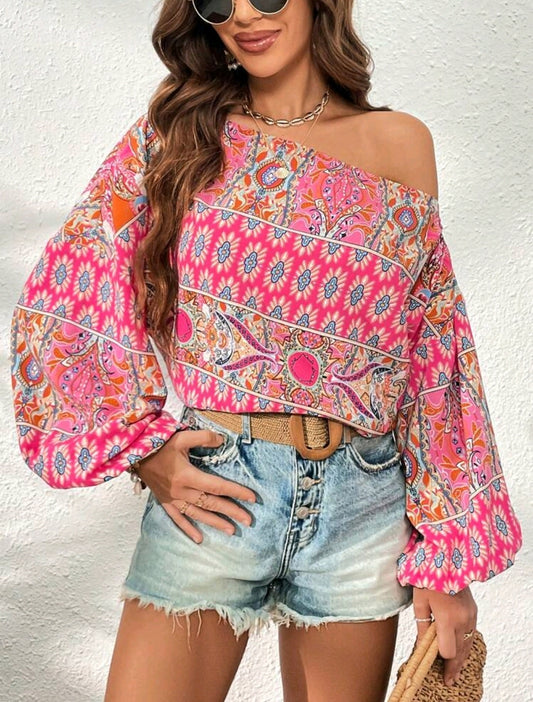 Pink Floral Print Asymmetric Lantern Sleeve Blouse