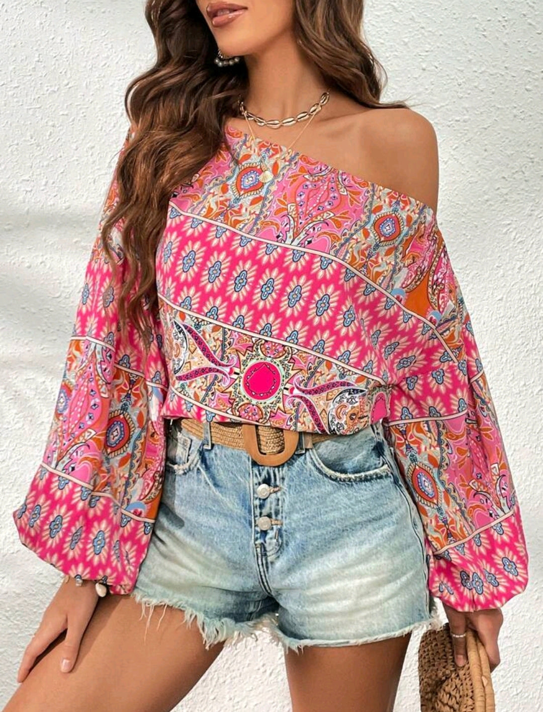 Pink Floral Print Asymmetric Lantern Sleeve Blouse