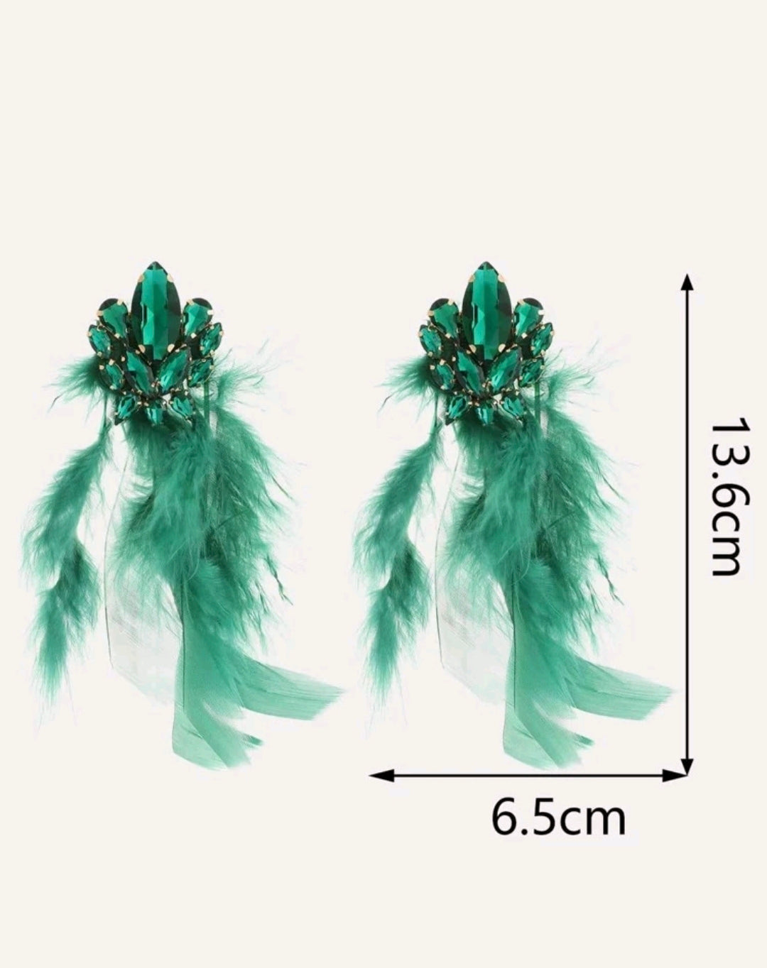 Green Feather and Rhinestone Lux Earrings