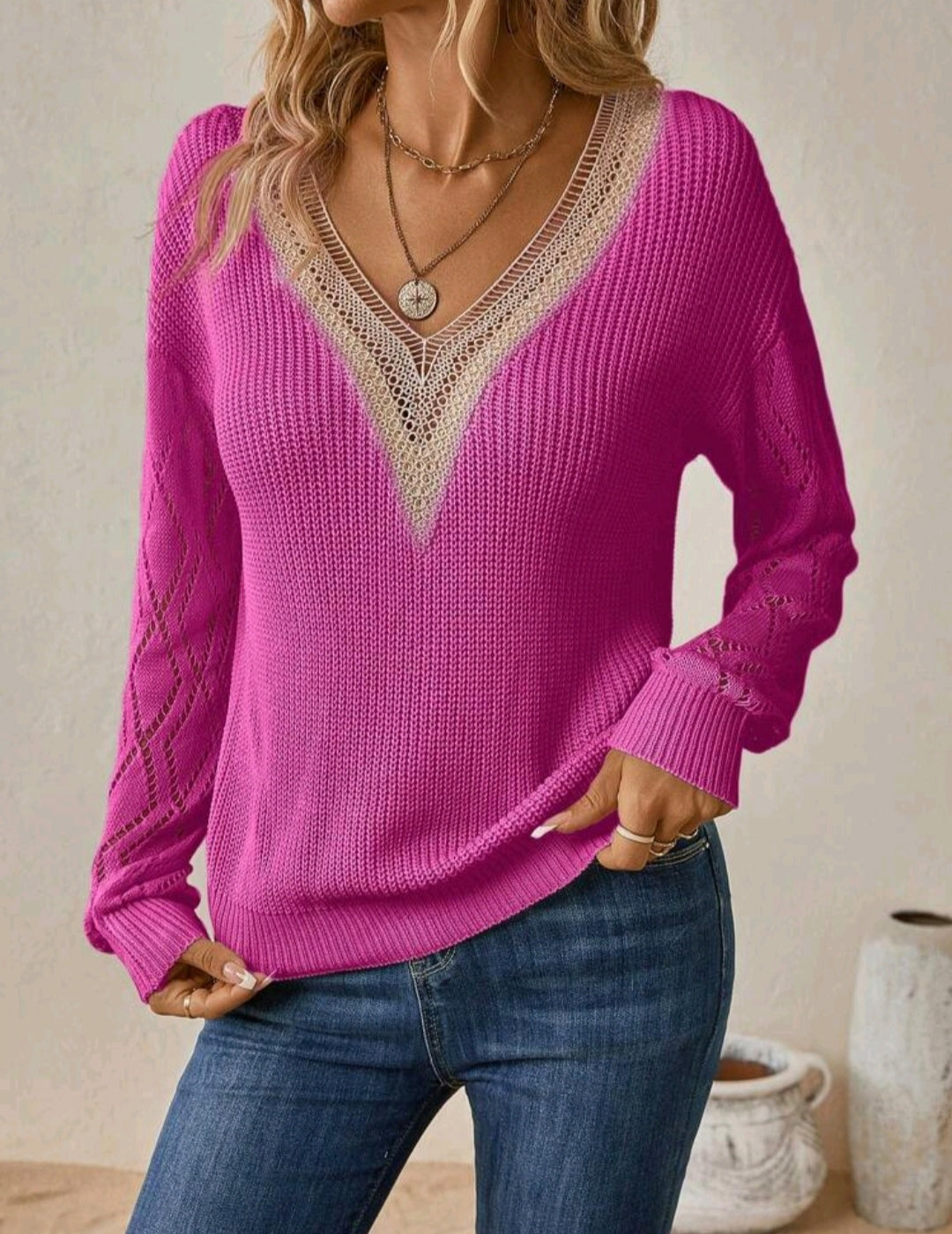 Pink Lace Splicing V Neck Sweater