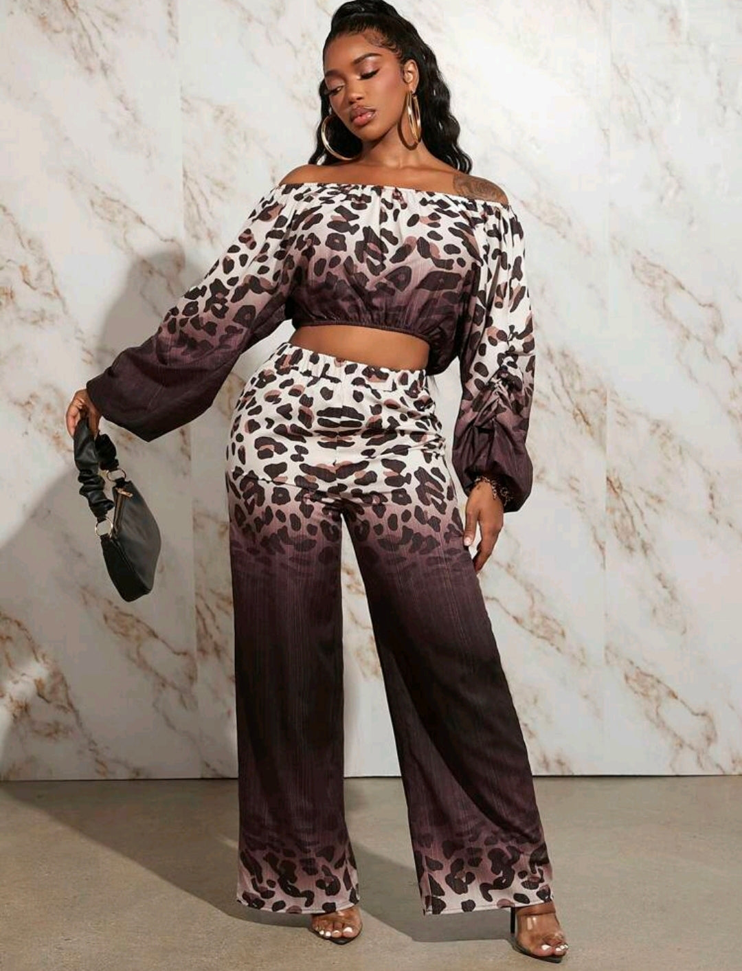 Leopard Print Off Shoulder Lantern Sleeve Set