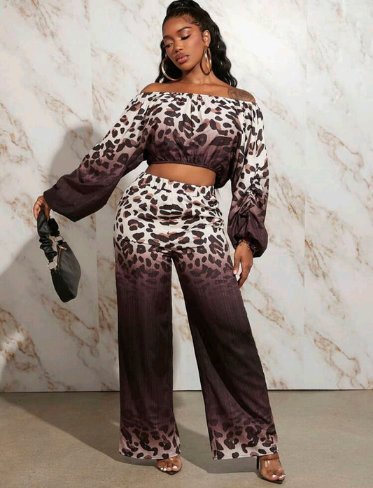 Leopard Print Off Shoulder Lantern Sleeve Set