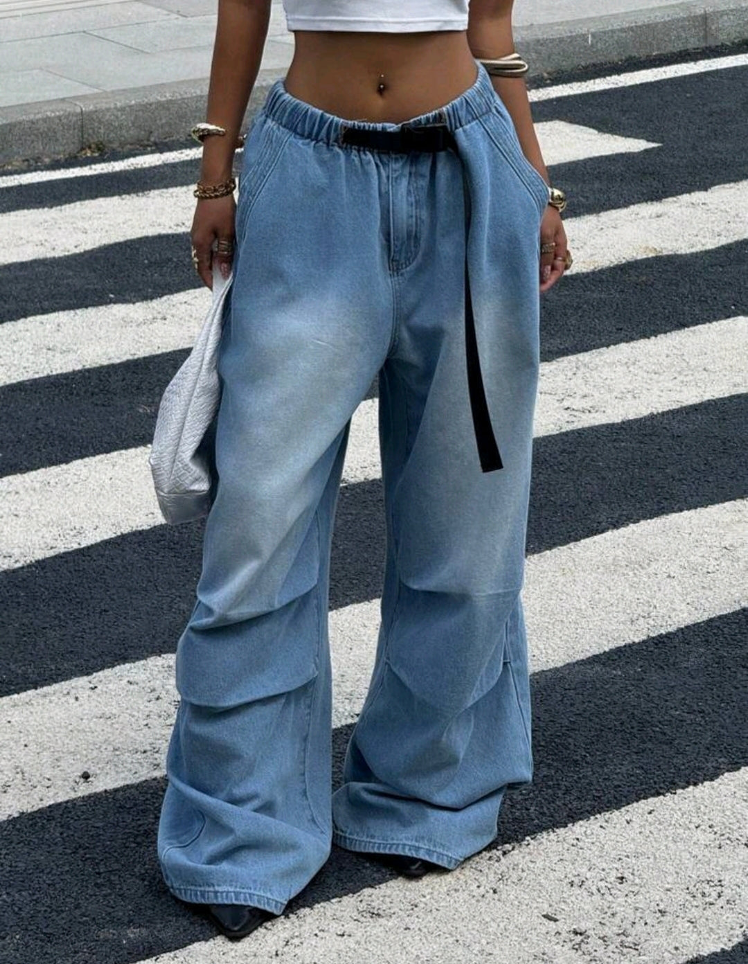 Buckle Waist Belt Pleated Wide Leg Loose Denim Pants