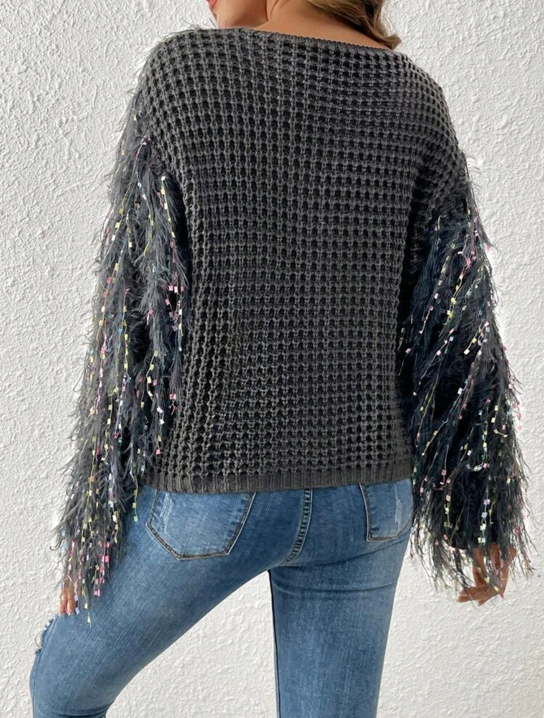 Grey Multicolour Space Dye Fuzzy Trim Batwing Sweater