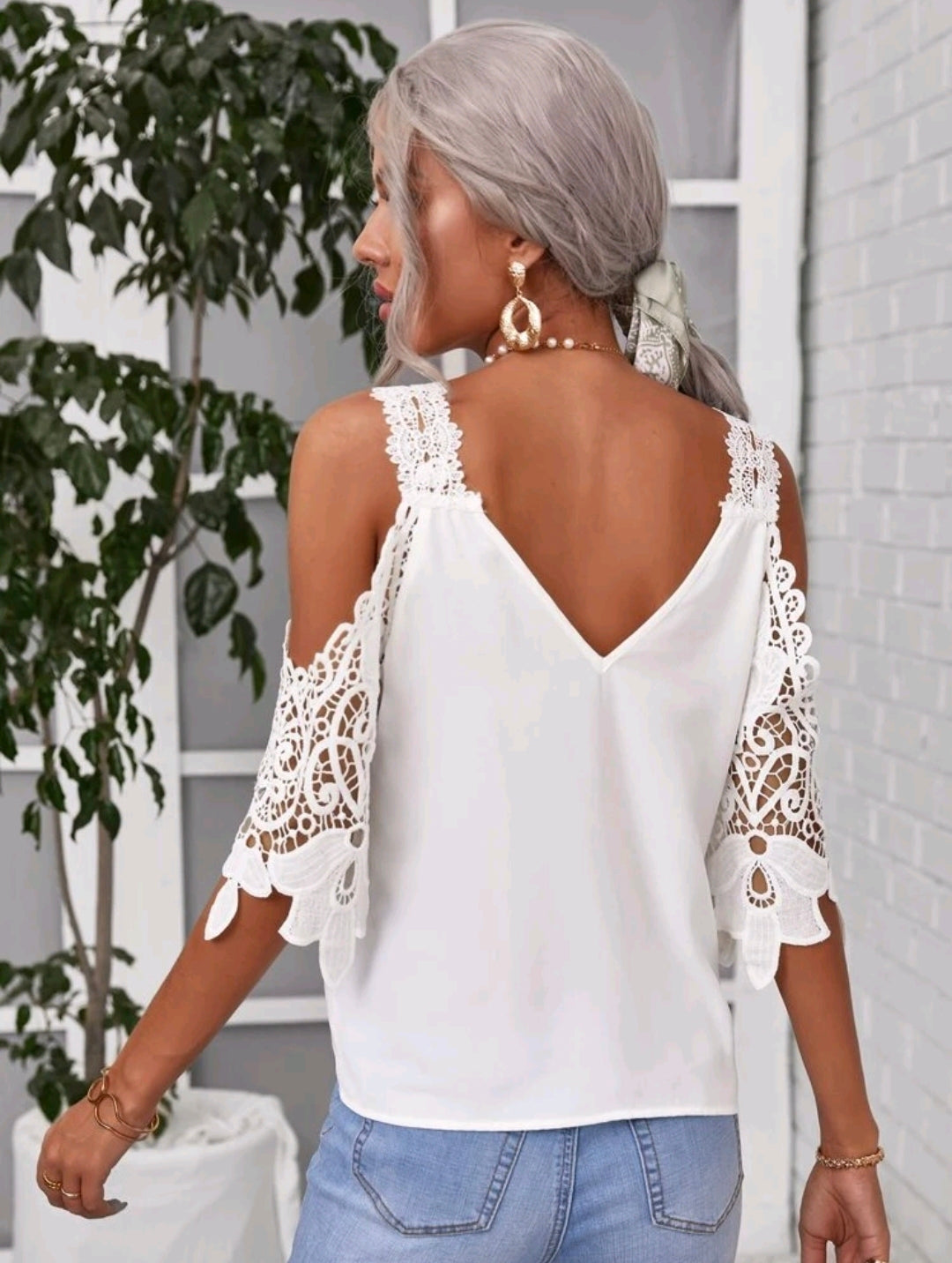 Cold Shoulder Lace Sleeve Blouse