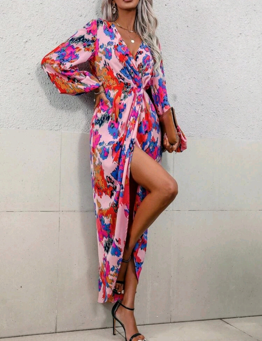 Pink Multicolour Lantern Sleeve Satin Wrap Hem Dress