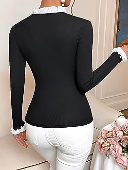 French Contrast Pearl Trim Long Sleeve Ribbed Top