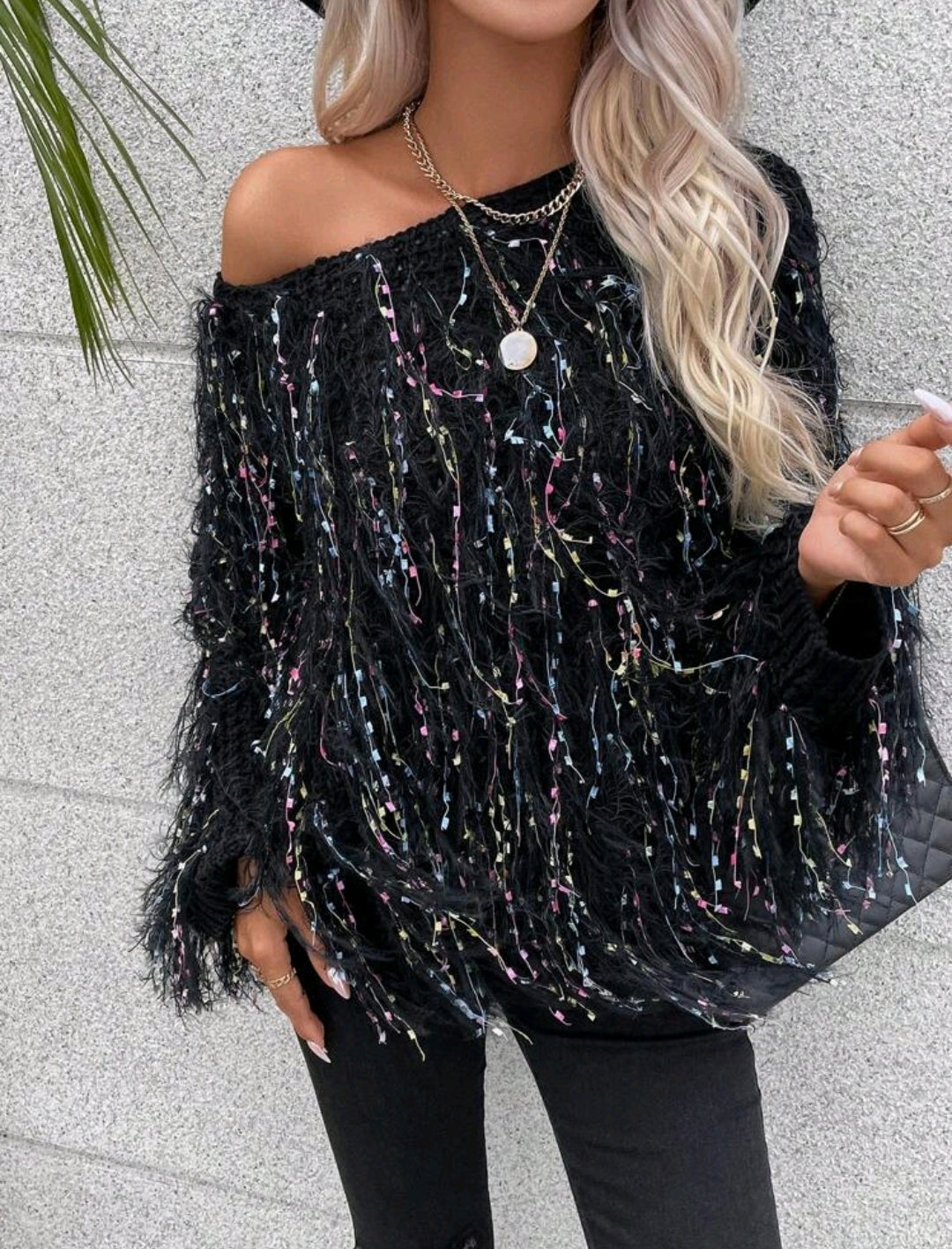 Black Space Dye Fuzzy Trim Batwing Sweater