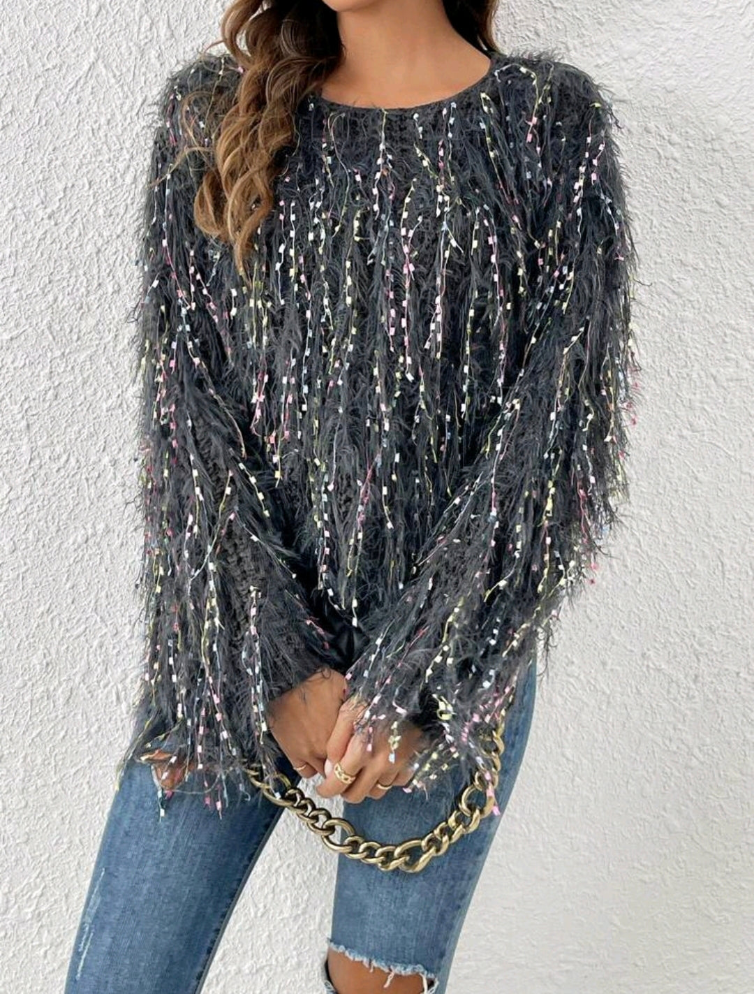 Grey Multicolour Space Dye Fuzzy Trim Batwing Sweater
