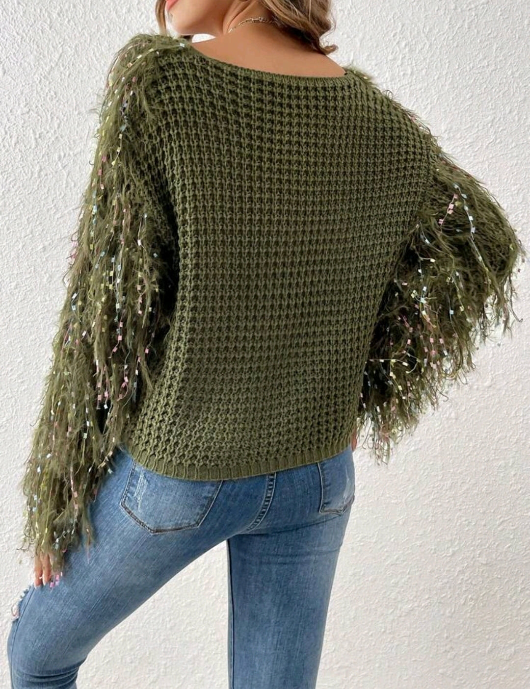 Olive Space Dye Fuzzy Trim Batwing Sweater