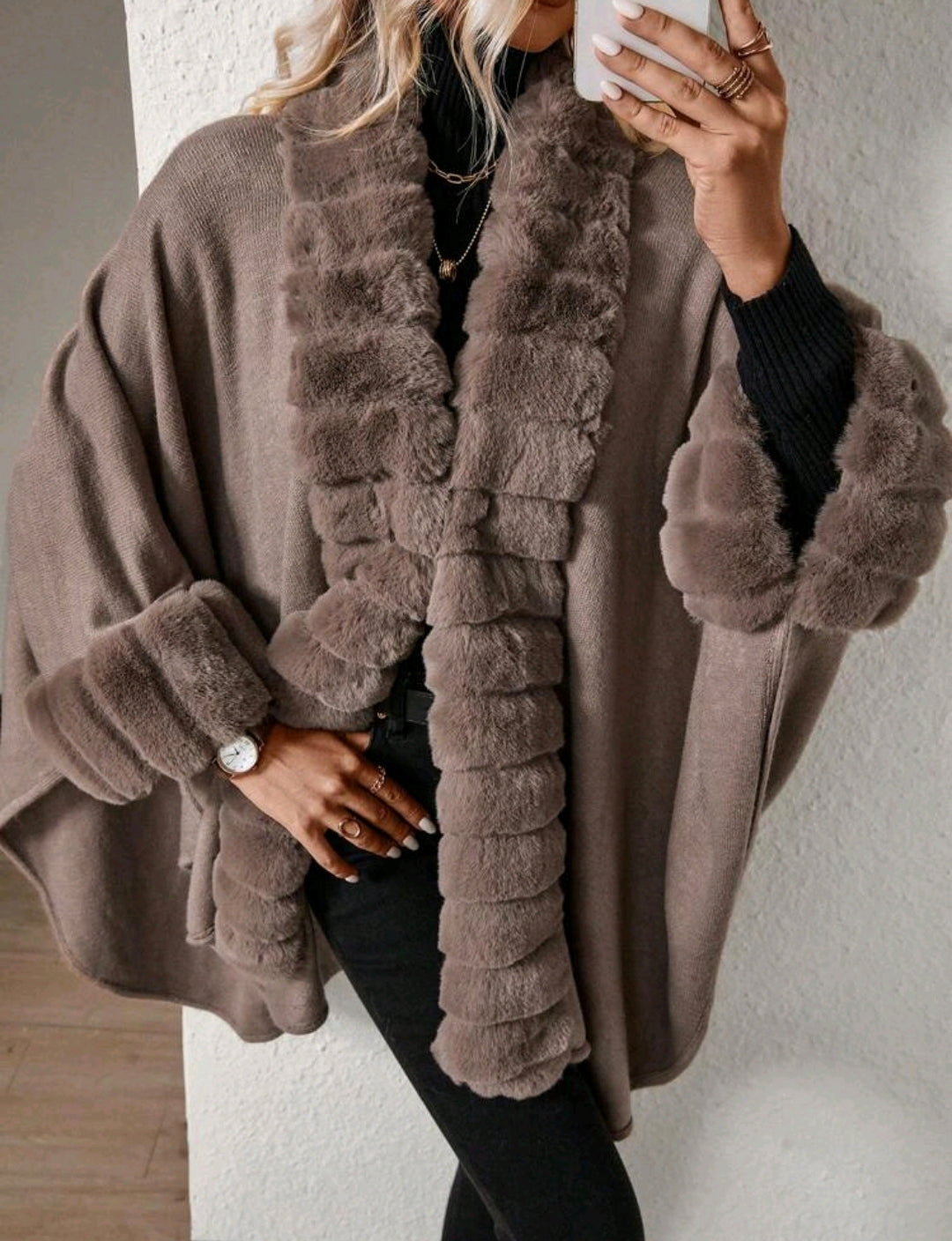 Brown Solid Colour Fur Trim Cardigan