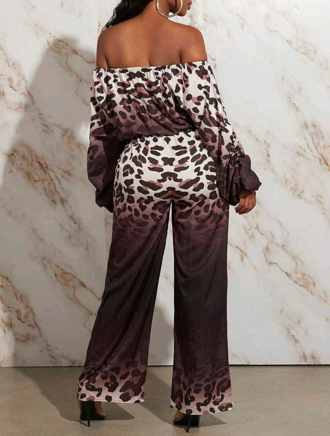 Leopard Print Off Shoulder Lantern Sleeve Set