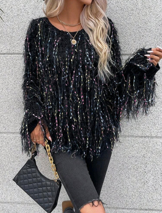 Black Space Dye Fuzzy Trim Batwing Sweater