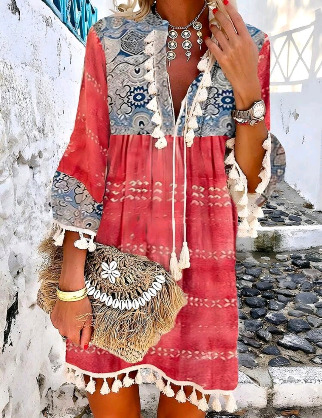 Boho Tassel Floral Print Patchwork Dress