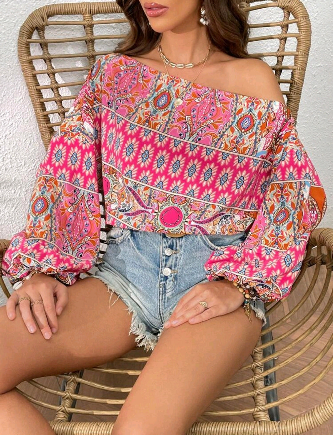 Pink Floral Print Asymmetric Lantern Sleeve Blouse