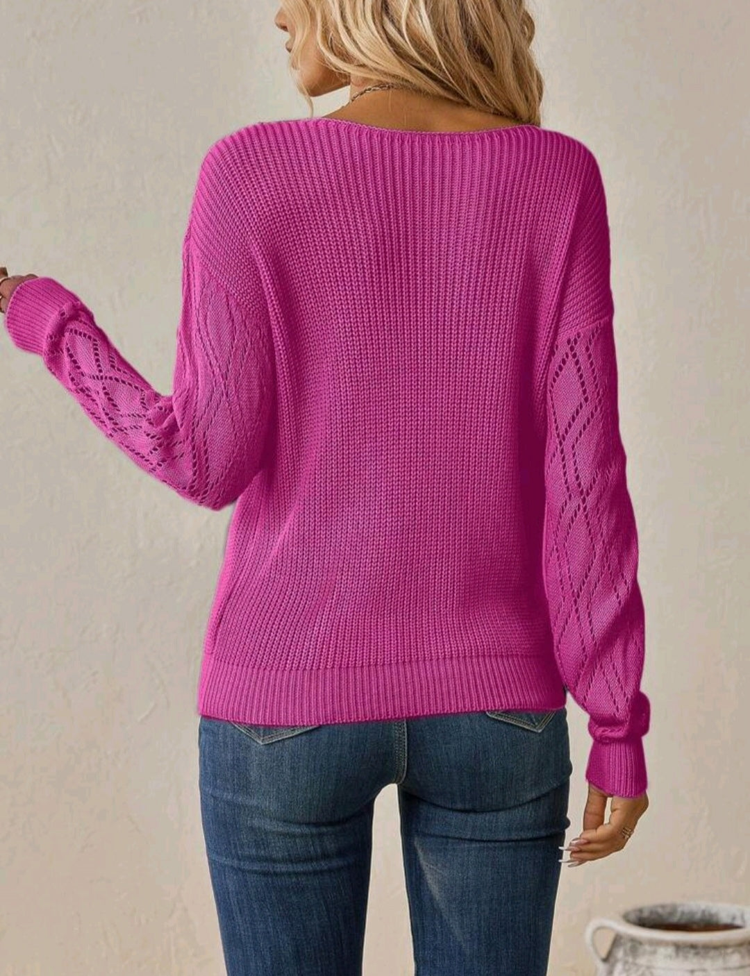 Pink Lace Splicing V Neck Sweater