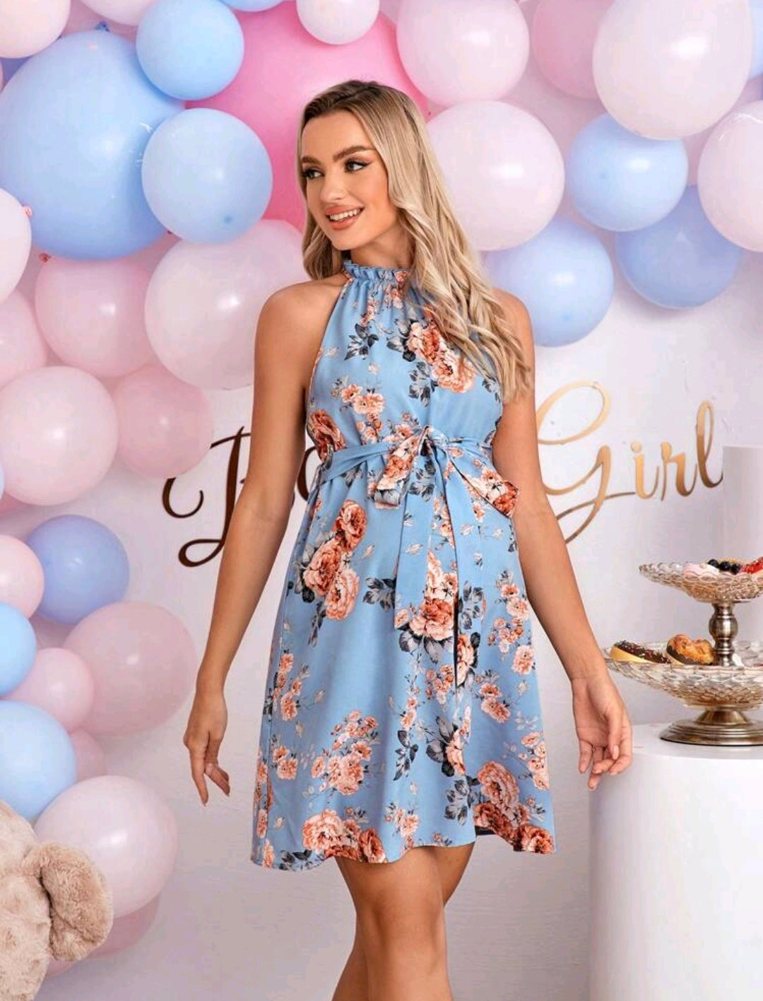 Blue Floral Print Belted Halter Dress