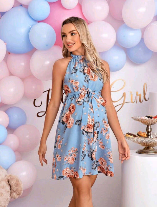 Blue Floral Print Belted Halter Dress