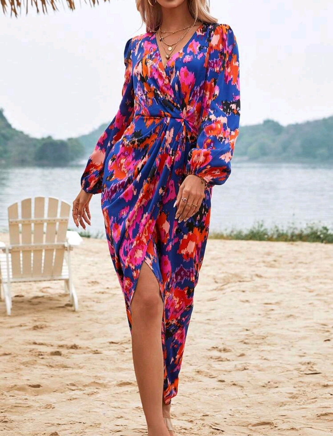 Blue Multicolour Lantern Sleeve Dress