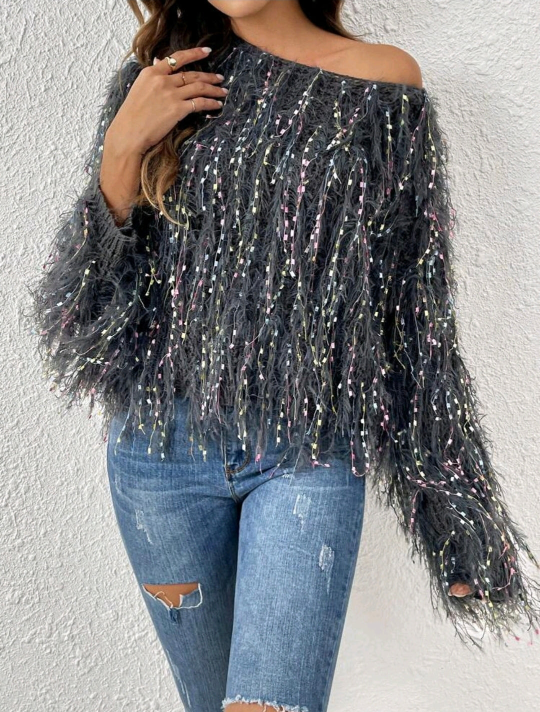 Grey Multicolour Space Dye Fuzzy Trim Batwing Sweater