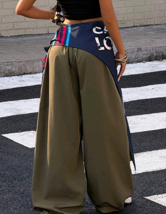 Retro American Style Scarf Tie Loose Fit Wide Leg Pants