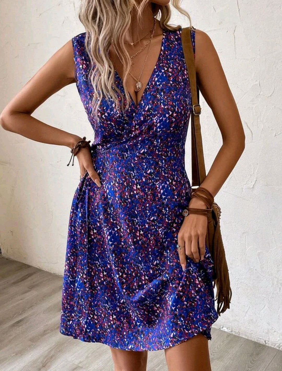 Blue Multicolour V Neck Dress