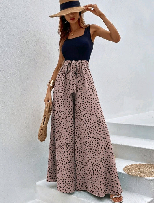 Polka Print Leopard Print Wide Leg Jumpsuit