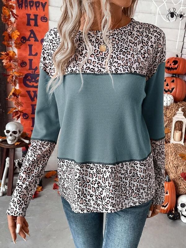 Dusty Blue Leopard Print Drop Shoulder Colourblock Top