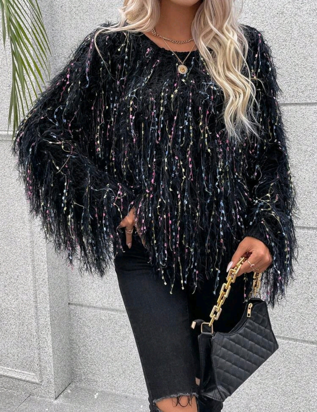 Black Space Dye Fuzzy Trim Batwing Sweater