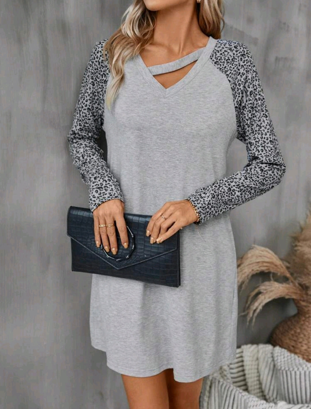 Casual Gray Leopard Print Long Sleeve Dress