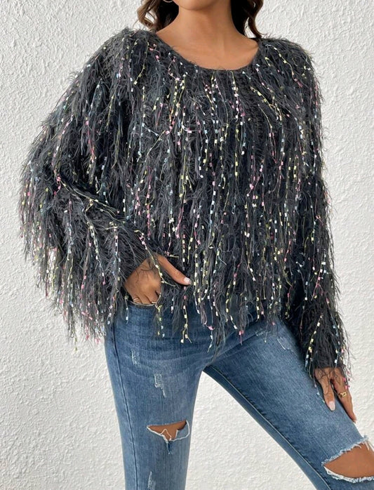 Grey Multicolour Space Dye Fuzzy Trim Batwing Sweater