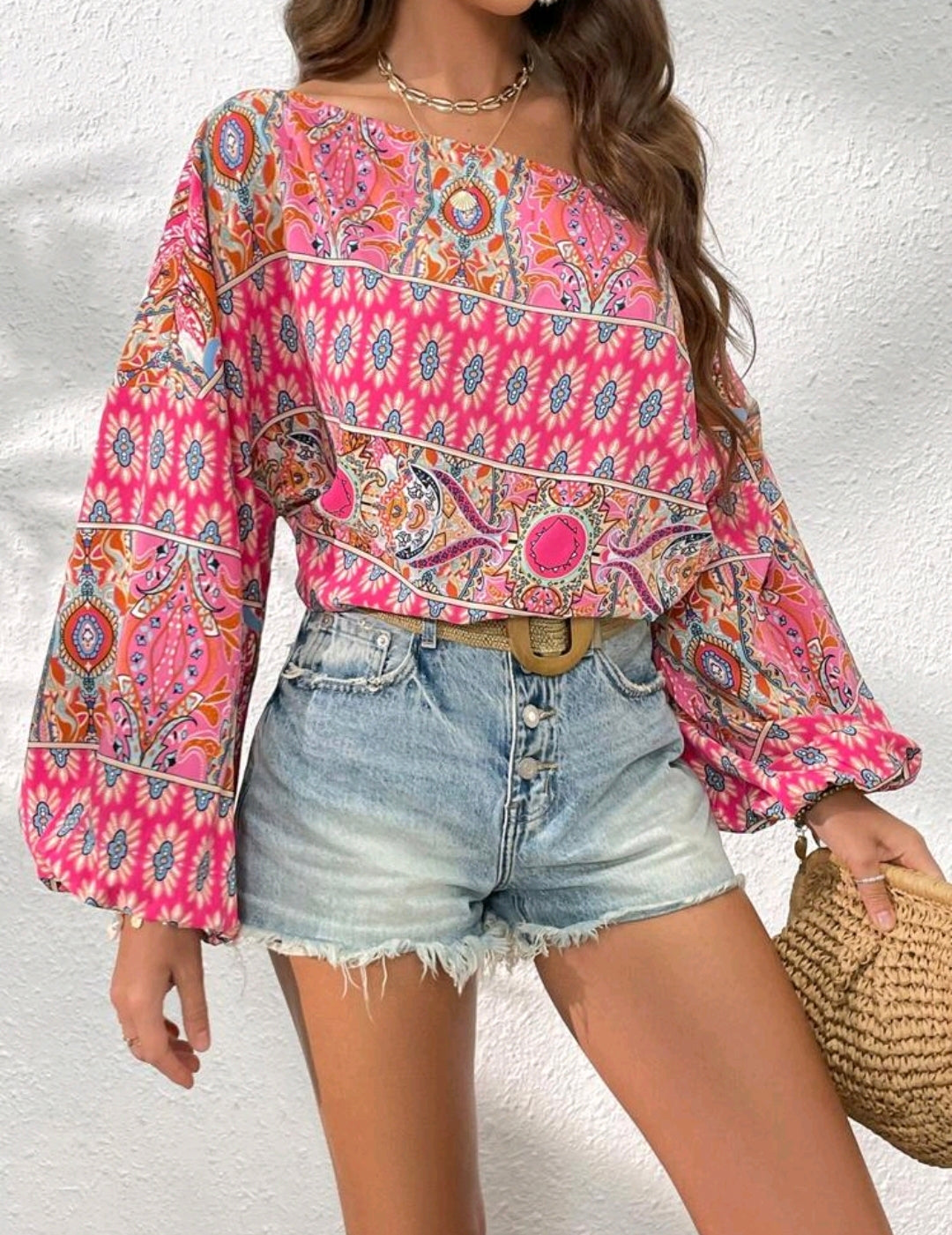 Pink Floral Print Asymmetric Lantern Sleeve Blouse