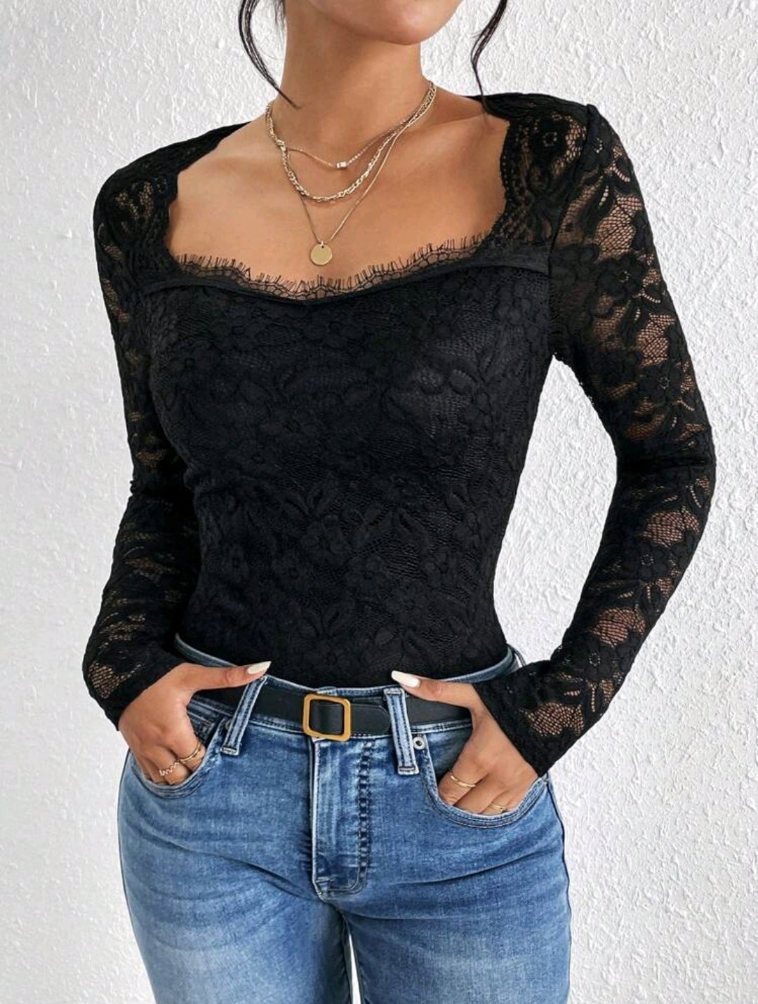 Black Lace Sweetheart Neckline Top