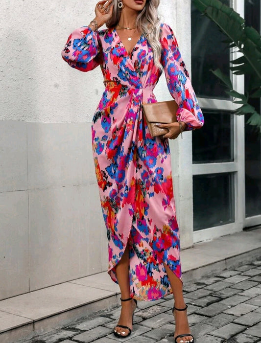 Pink Multicolour Lantern Sleeve Satin Wrap Hem Dress