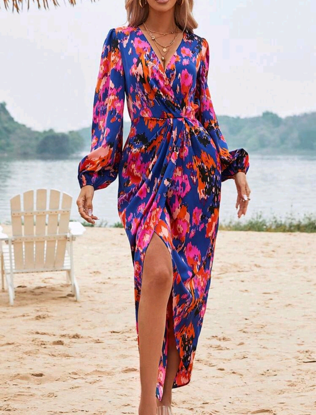 Blue Multicolour Lantern Sleeve Dress