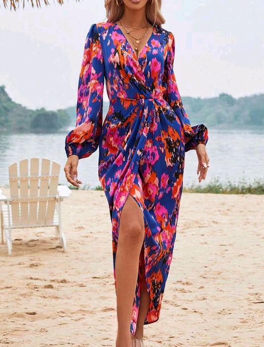 Blue Multicolour Lantern Sleeve Dress