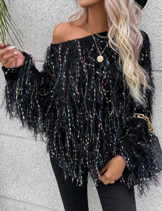 Black Space Dye Fuzzy Trim Batwing Sweater