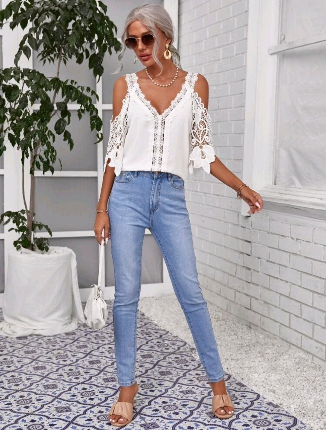 Cold Shoulder Lace Sleeve Blouse