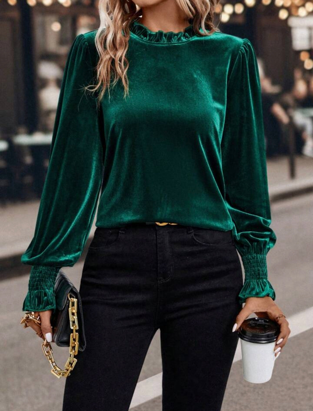 Green Velvet High Neck Frill Trim Blouse