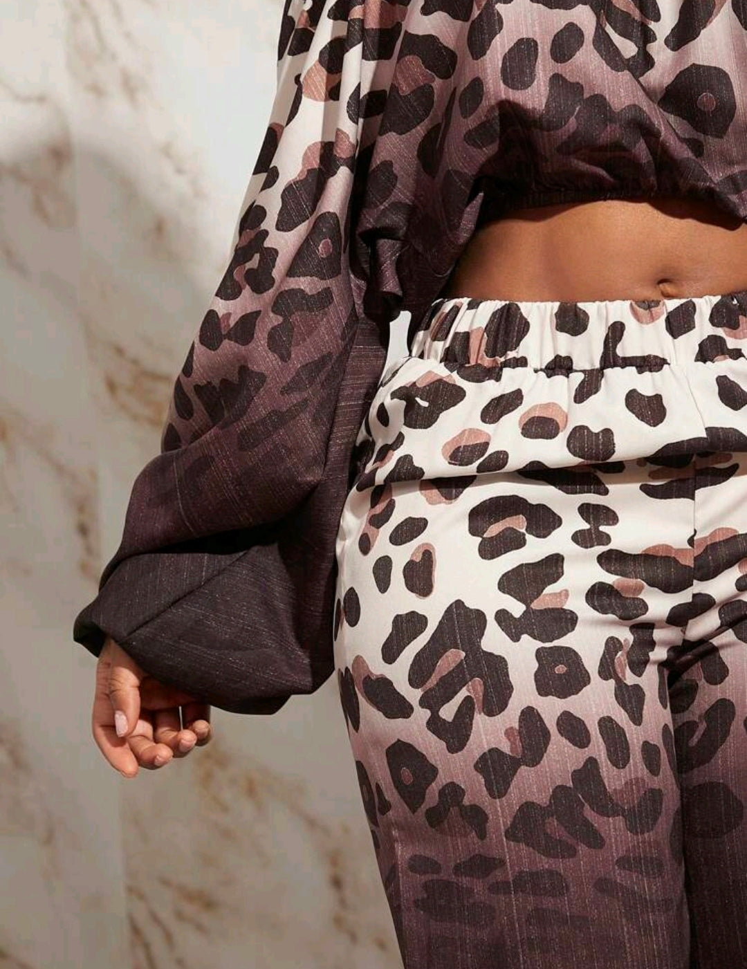 Leopard Print Off Shoulder Lantern Sleeve Set
