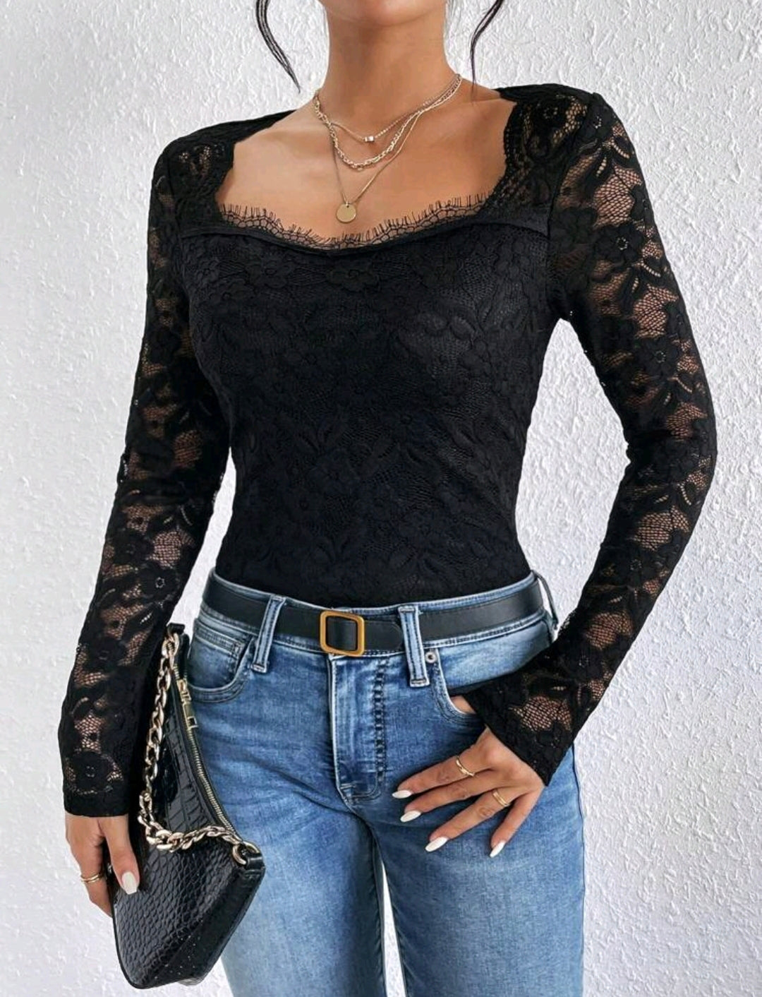 Black Lace Sweetheart Neckline Top
