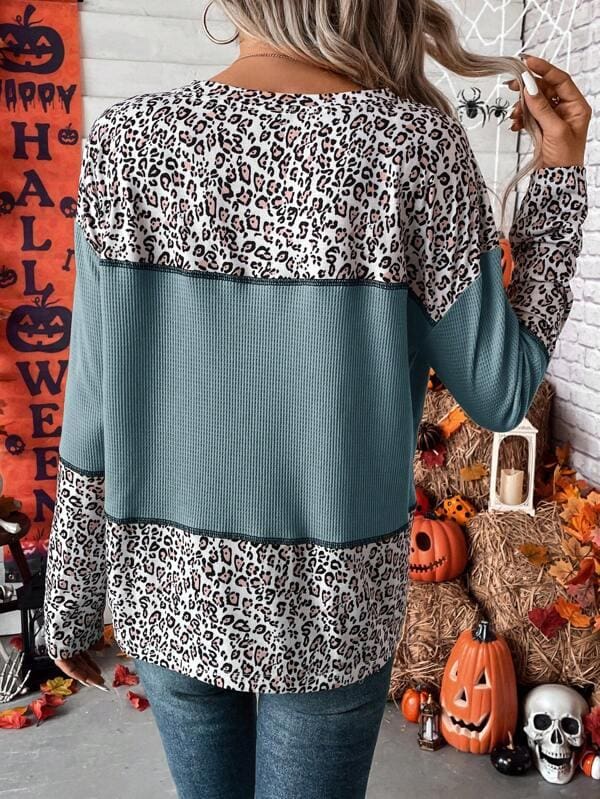Dusty Blue Leopard Print Drop Shoulder Colourblock Top